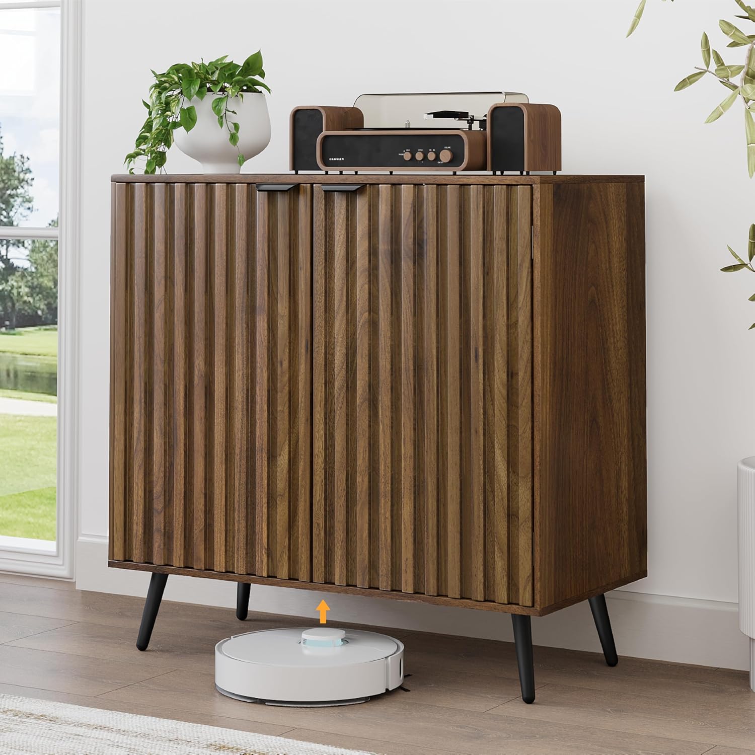 Smuxee Fluted Sideboard Cabinet, Freestanding Walnut Buffet Cabinet with Adjustable Shelf, Wood Storage Cabinet for Living Room, Entryway, Hallway
