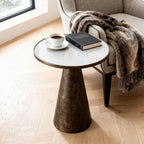 Hyfirm Black Brass Pedestal End Table with Faux White Marble Top, 16x16x23 Round Side Drink Table for Living Room, Vintage Industrial Metal Stand for Couch & Accent Chairs in Small Spaces