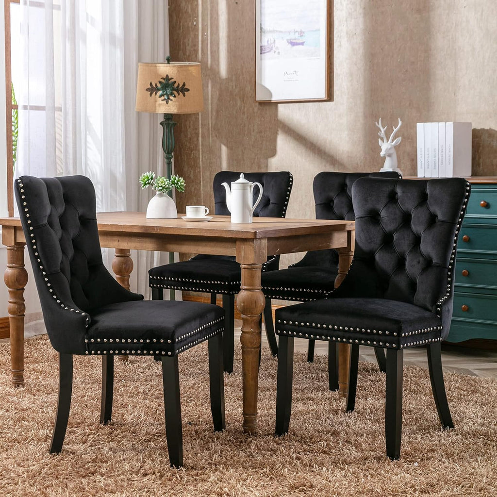 ODUSE-DAILY Black Velvet Dining Chairs Set of 4, Kitchen & Dining Room Chairs, Four Fabric Tufted Dinning Chairs, Velvet Upholstered, Wing Back, Metal Pull Ring, Wood Frame, Mid Century Modern