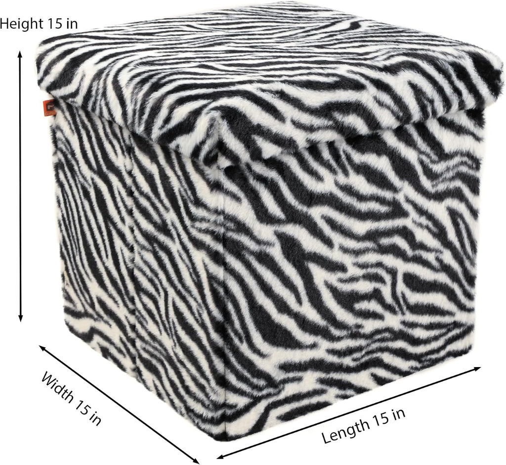 Luxe Faux Fur Storage Ottoman, Zebra Black/White, 15 x 15 x 15 in | Engineered Wood, Tool-Free Assembly, Modern Style, Seat And Footrest