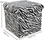 Luxe Faux Fur Storage Ottoman, Zebra Black/White, 15 x 15 x 15 in | Engineered Wood, Tool-Free Assembly, Modern Style, Seat And Footrest
