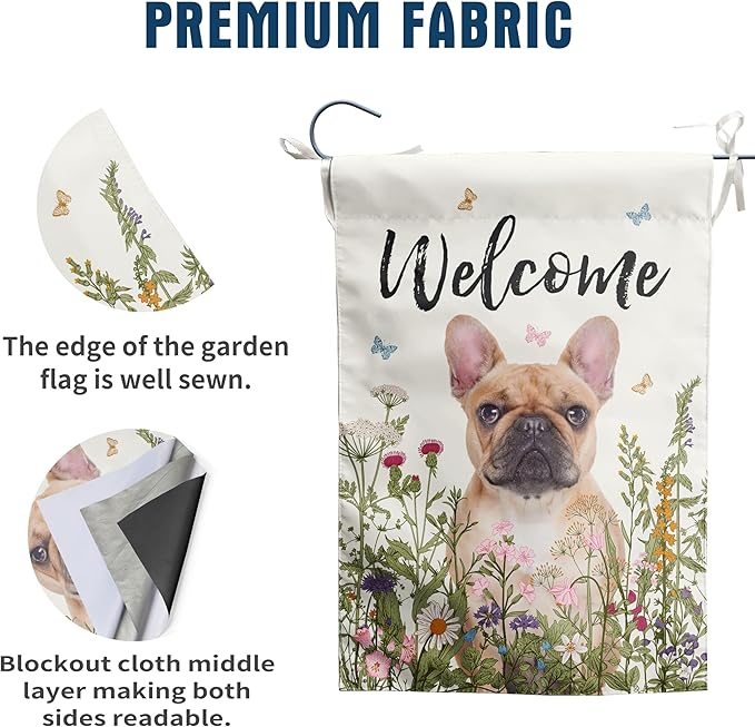 Floral French Bulldog Garden Flag Spring Summer Yard Flag Flower Dog Garden Flags for Outside Small Outdoor Welcome Flags 12x18 Double Sided