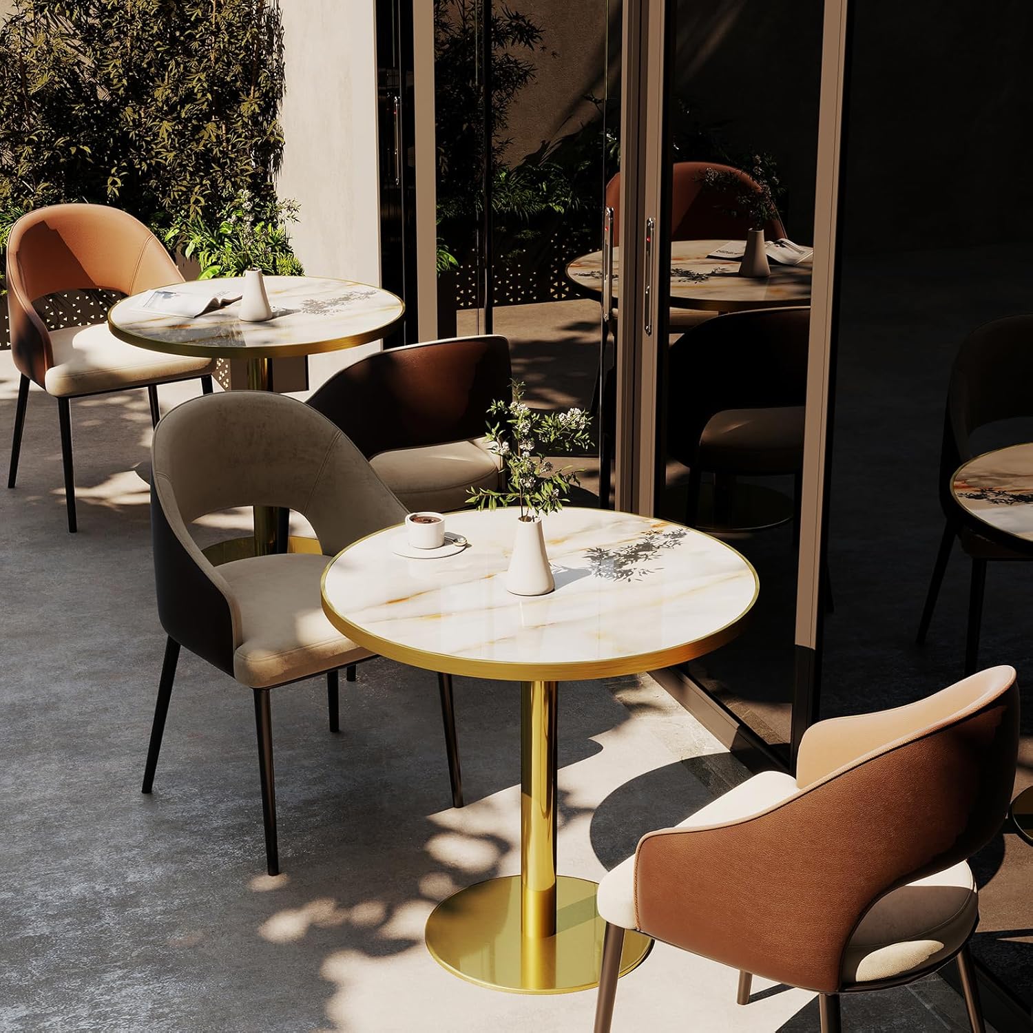 31.5" Round Tulip Table with 1.2" Thick Gold Vein Onyx Sintered Stone Top (Marble Look) & Brushed Gold Frame, Modern Luxury Dining Table for 2-4 People for Kitchen Nook, Café & Patio