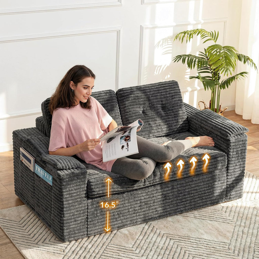 Loveseat Sofa for Living Room, Small Cloud Couch with Double-Density Foam Support, Removable Washable Corduroy Cover & 4 Pillows, Comfy Floor Sofa, Compact Couch for Small Spaces, Dark Grey