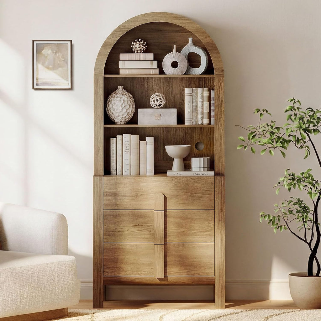 WAMPAT 71" Tall Arched Kitchen Pantry Cabinet with 3 Drawers,5 Tiers Modern Farmhouse Bookcase with Doors, Open Shelf Storage Organizer, Wood Display Bookcase for Kitchen, Dining Room, Walnut, 1 PC