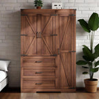70" Tall Wardrobe Closet with 3 Doors & 3 Drawers, Farmhouse Armoire with Hanging Rod, Wooden Armoire Wardrobe Closet for Bedroom, Freestanding Clothing Storage Cabinet, Brown