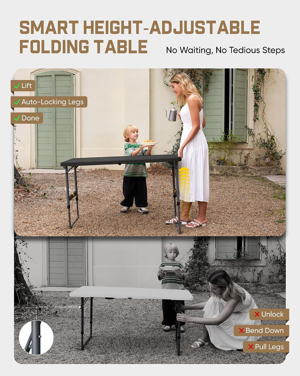 FanttikOutdoor Folding Table 4 Foot Quick Adjust Portable Plastic 4 Heights | Effortless Adjustable Height Small Card Table, Fixing Lock, Indoor Outdoor Use for Party Camping, 1 Pack Black Zeta X4 Pro