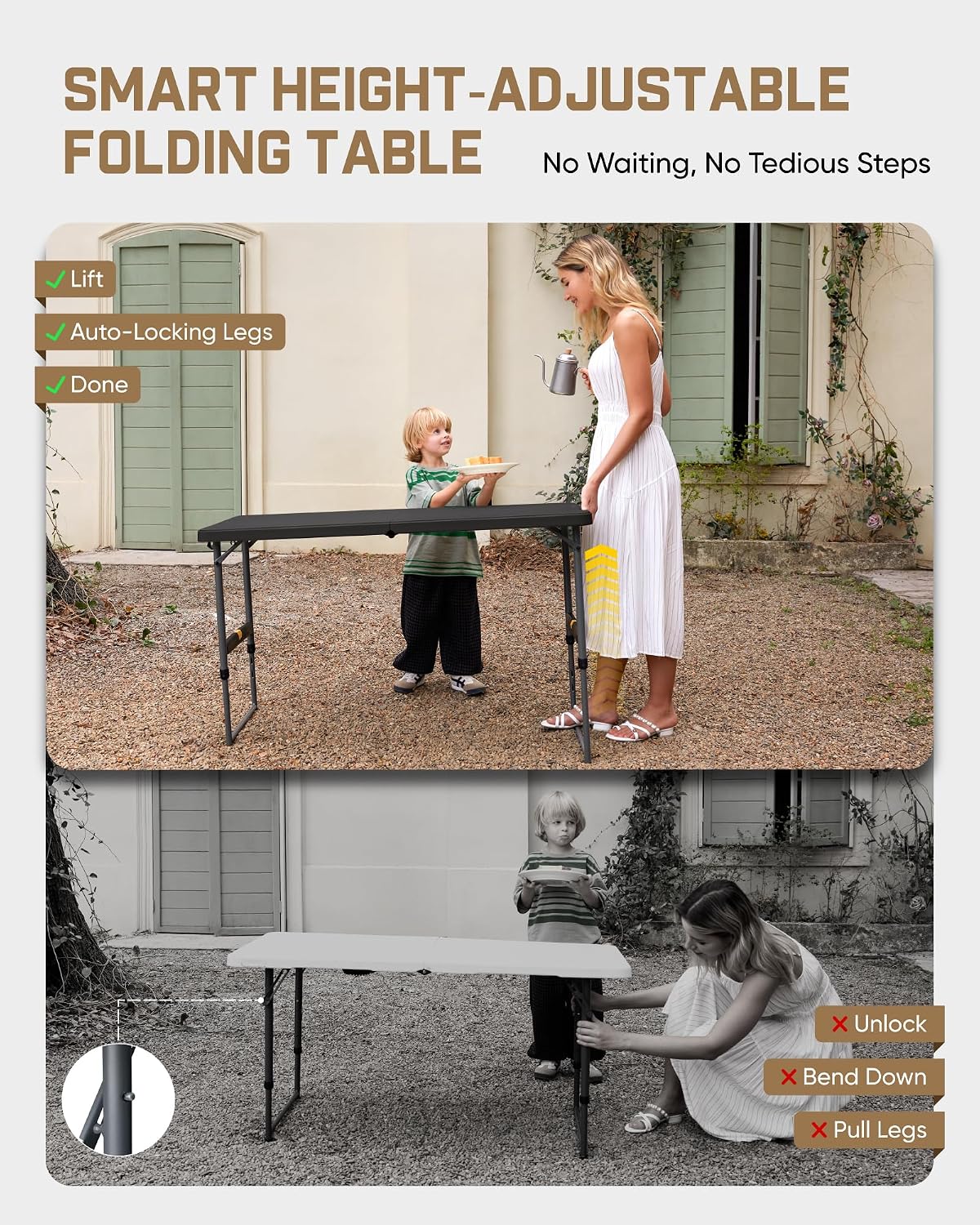 FanttikOutdoor Folding Table 4 Foot Quick Adjust Portable Plastic 4 Heights | Effortless Adjustable Height Small Card Table, Fixing Lock, Indoor Outdoor Use for Party Camping, 1 Pack Black Zeta X4 Pro