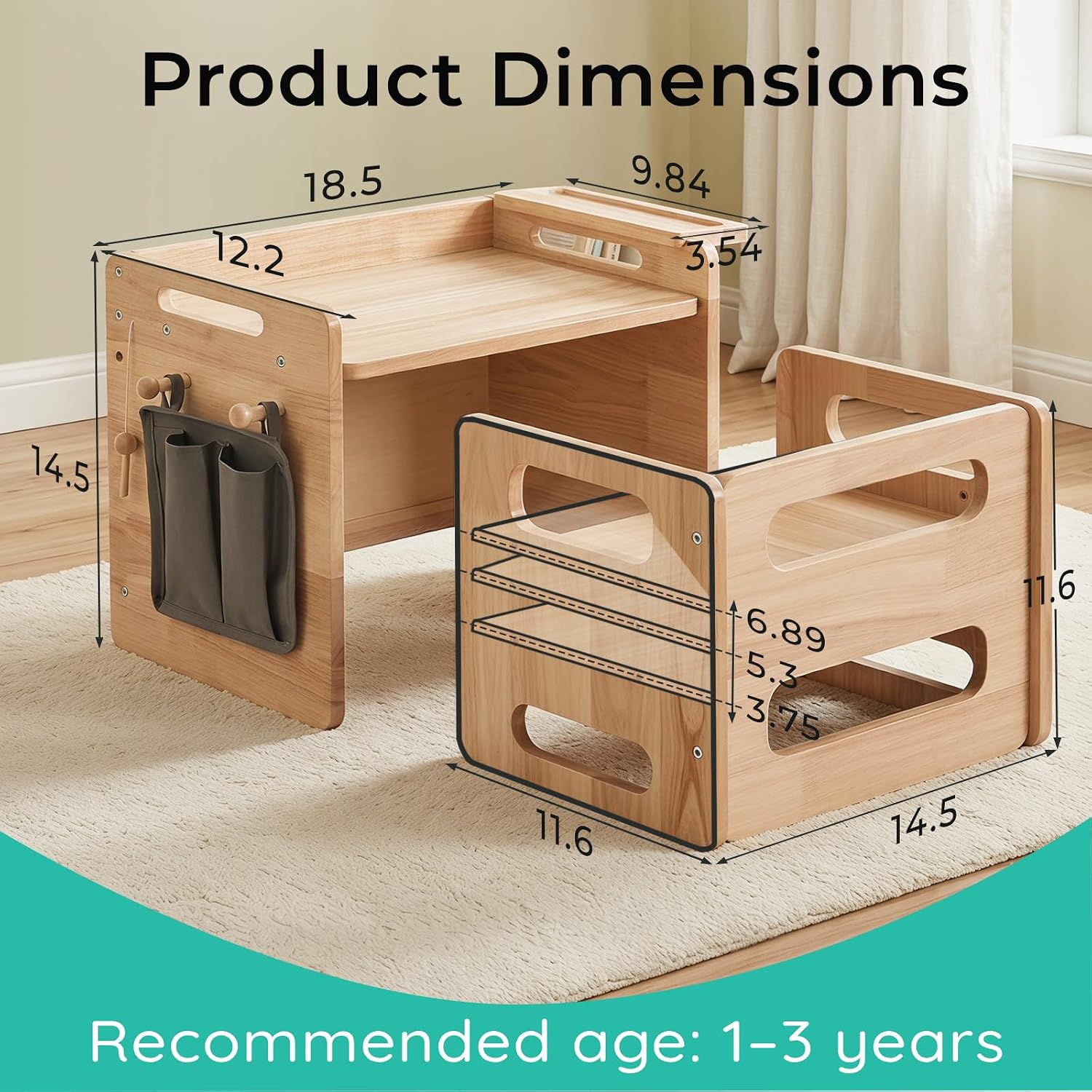 Rubber Wood Montessori Table and Chair,Toddler Tower Set, Wooden Kids Activity Toddler Table and Chair with Adjustable Height, Ideal for Eating, Reading, Drawing, Step Stool (Rubber Wood)