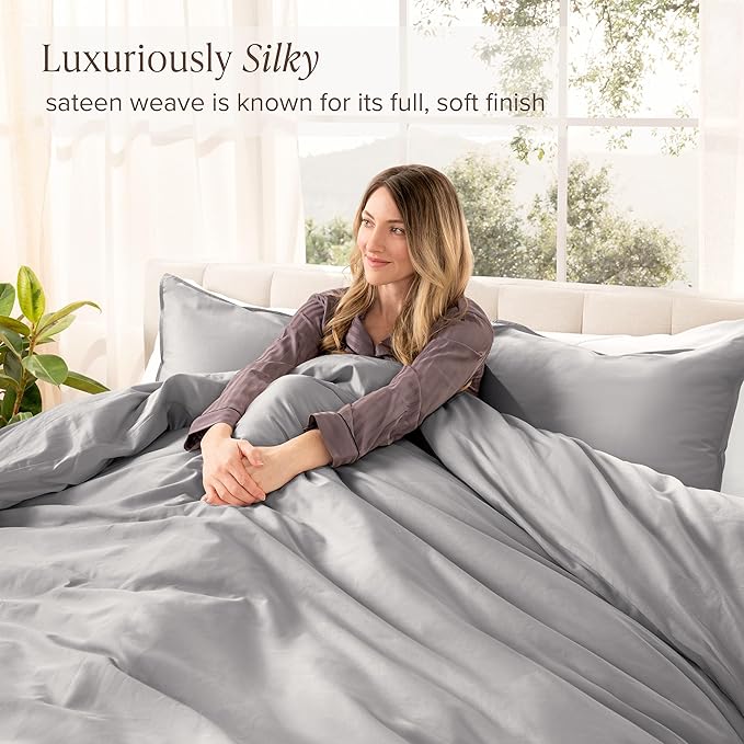 Bare Home 100% Organic Cotton Sateen Duvet Cover Set - 400 Thread Count - Smooth Sateen Weave - Warm & Luxurious - Duvet Cover (King/Cal King, Light Grey)