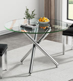 Modern Round Dining Table for 2 4 People, 36 in Glass Kitchen Dining Room Table with Silver Metal X-Shaped Legs, Space Saving Circle Dinner Tables for Dining Room, Kitchen, Living Room