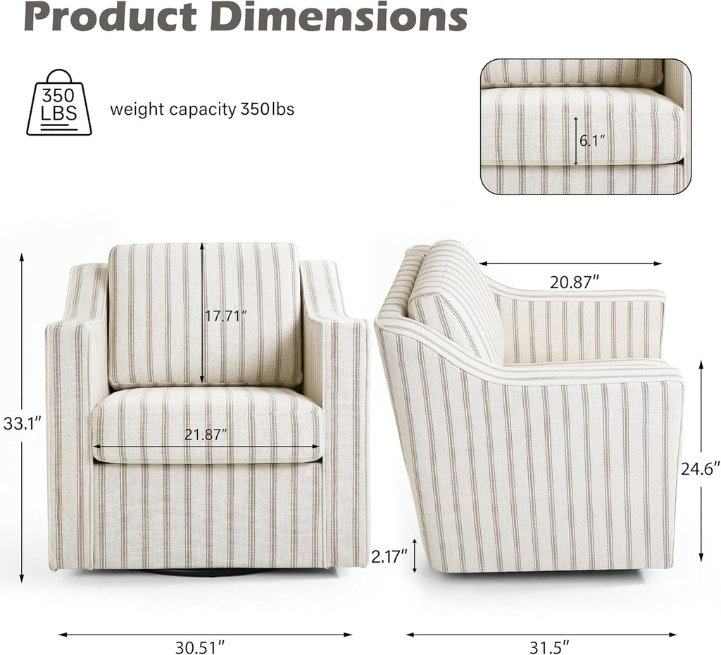 Swivel Accent Chair Set of 2, Fabric Upholstered Arm Chair for Living Room, Modern Club Armchair Comfy Single Sofa Bedroom Reading Seat with Lumbar Pillow - Pinstripe Light Brown