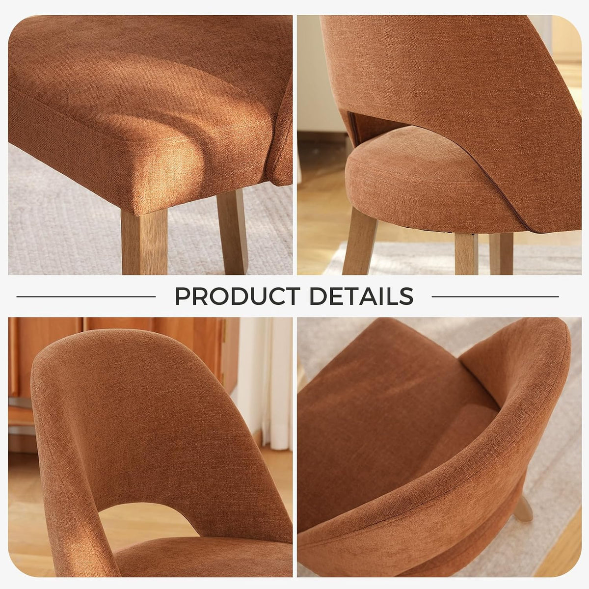 Wooden Dining Chairs Set of 2, Upholstered Modern Chenille Dining Room Chair Kitchen Chairs, Comfy Farmhouse Dinner Chair for Kitchen Dining Room, Orange