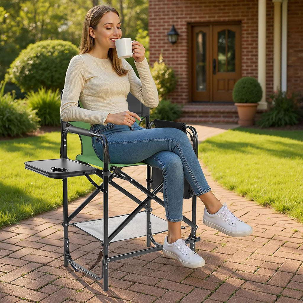 26" Tall Directors Chair, Outdoor Height Seat Folding Chair with Side Table & Storage Bag, Support for 300Lbs, Portable Makeup Artist Chair with Bar Height (Green)