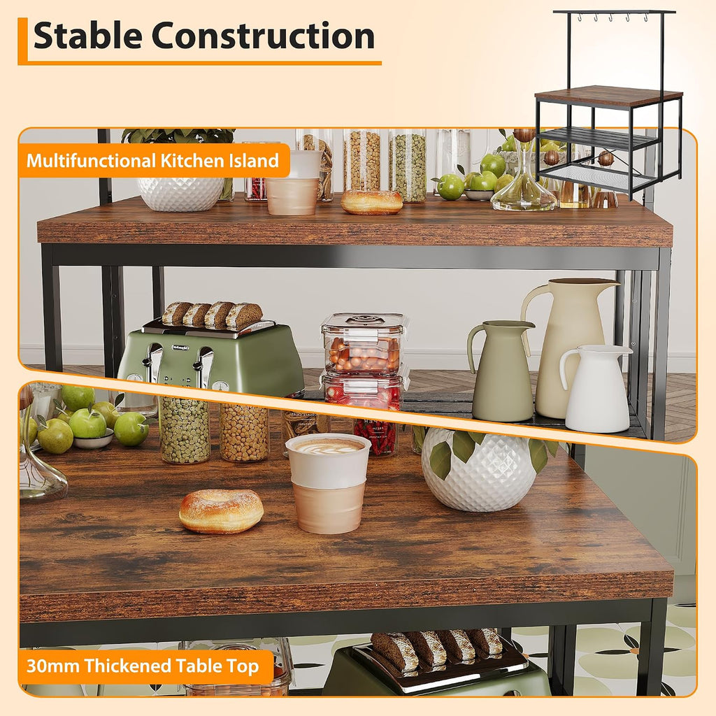 TrailBlaze 42'' Kitchen Island with Storage– 3-Tier Bakers Rack, Wooden Top, Sturdy Metal Frame, 5 Hooks, Space-Saving Design for Small Kitchens, Coffee Bar or Dining Room –No Stools
