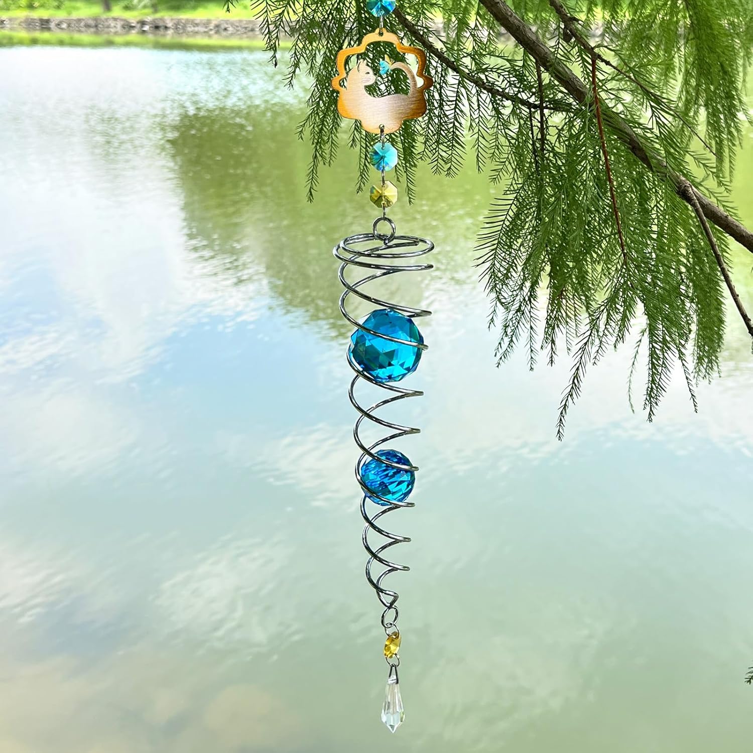 FONMY Cat Gazing Ball Spiral Tail Wind Spinner Sun Catcher Rainbow Maker Silver Spiral W/Blue K9 Crystal Ball Tree Hanging Ornament Indoor Outdoor Garden Decor. 19.5inch H