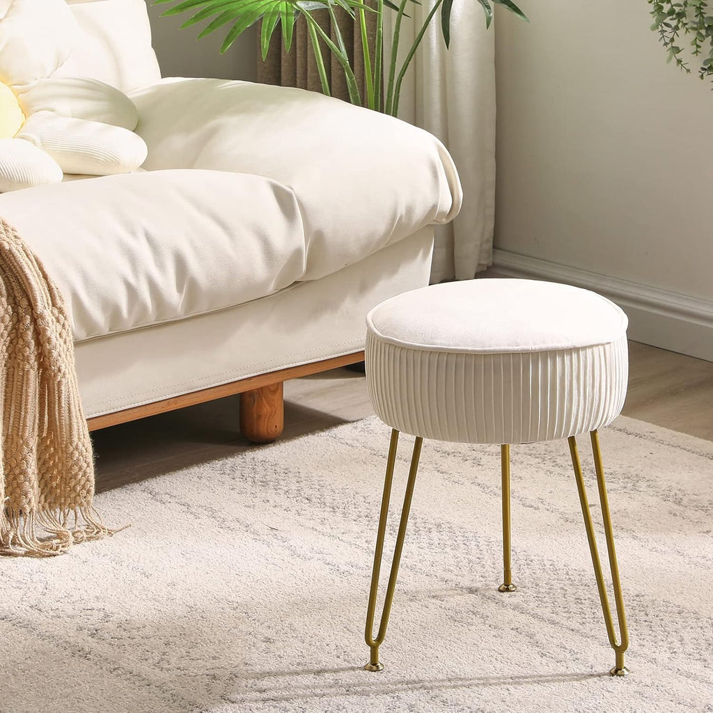 IBUYKE Makeup Vanity Stool, Velvet Round Footrest Ottoman, White LG-30M | Dressing Table Seat Pouf Couch chair Golden Steel Legs
