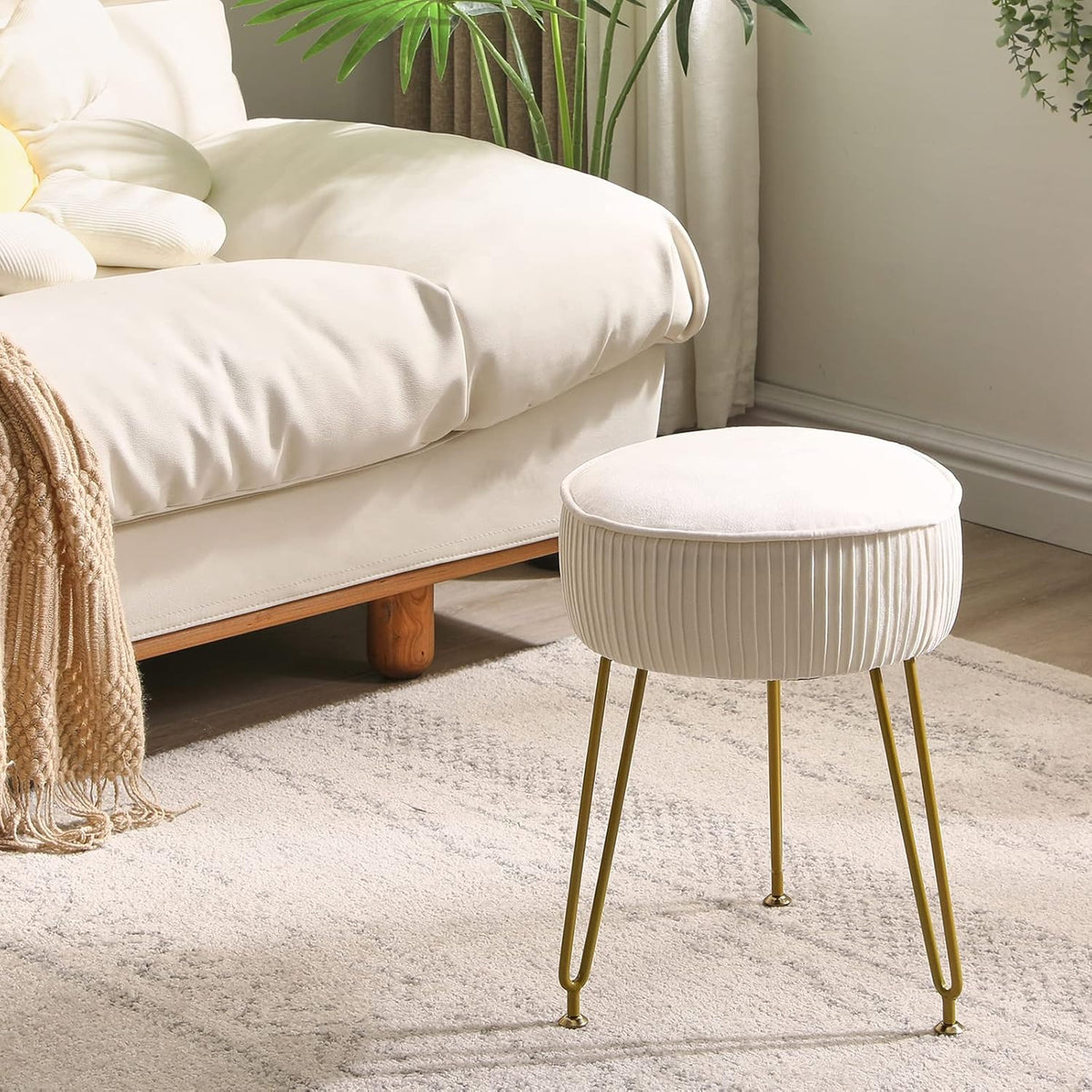 IBUYKE Makeup Vanity Stool, Velvet Round Footrest Ottoman, White LG-30M | Dressing Table Seat Pouf Couch chair Golden Steel Legs