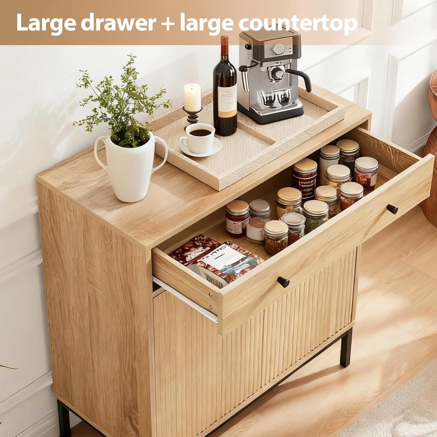31 inch Sideboard Buffet Cabinet with Drawer, Modern Fluted Credenza with 2 Doors & Adjustable Shelf, Small Coffee Bar Storage for Kitchen, Entryway