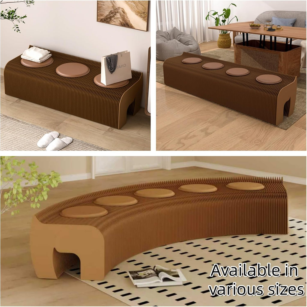 Modern Accordion Folding Paper Stool with 3 Cushions, Portable & Durable Honeycomb Kraft Paper Bench Chair for Living Room, Dining, Office, Kitchen, Eco-Friendly Decorative Foot Stool (Brown, 39~59in)