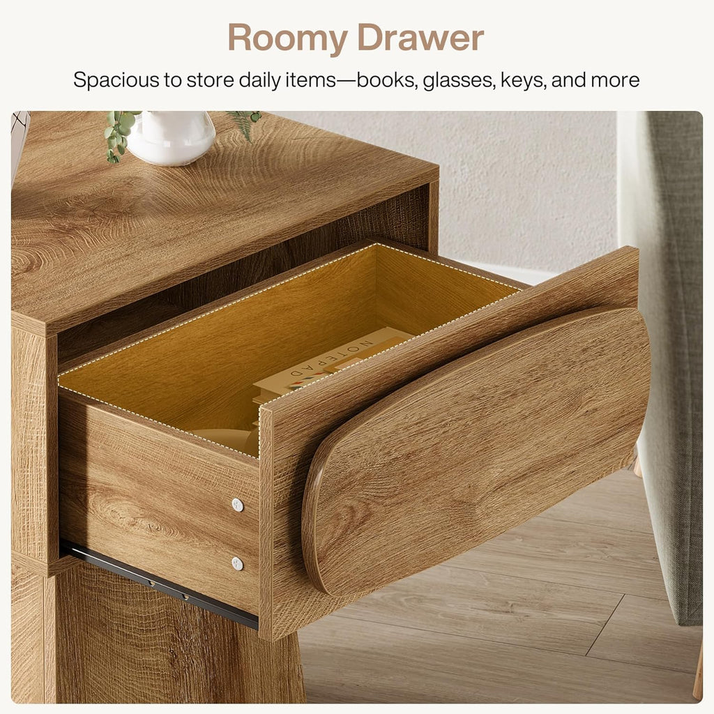 Tribesigns End Table with Storage Drawer, Modern Wooden Side Table with Curved Handle, Small Nightstand for Living Room, Bedroom, Small Spaces (Natural Wood Color)