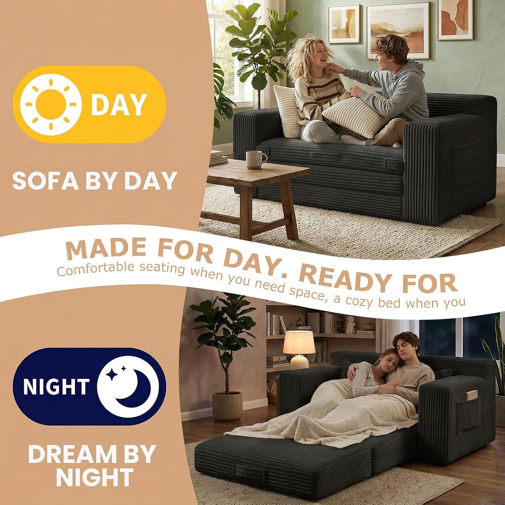 Loveseat Sofa Bed, Tri-Folding Convertible Futon Sleeper with Handle & Side Pockets, 54'' Couch with Hook and Loop No Assembly for Small Space,Living Room & Bedroom