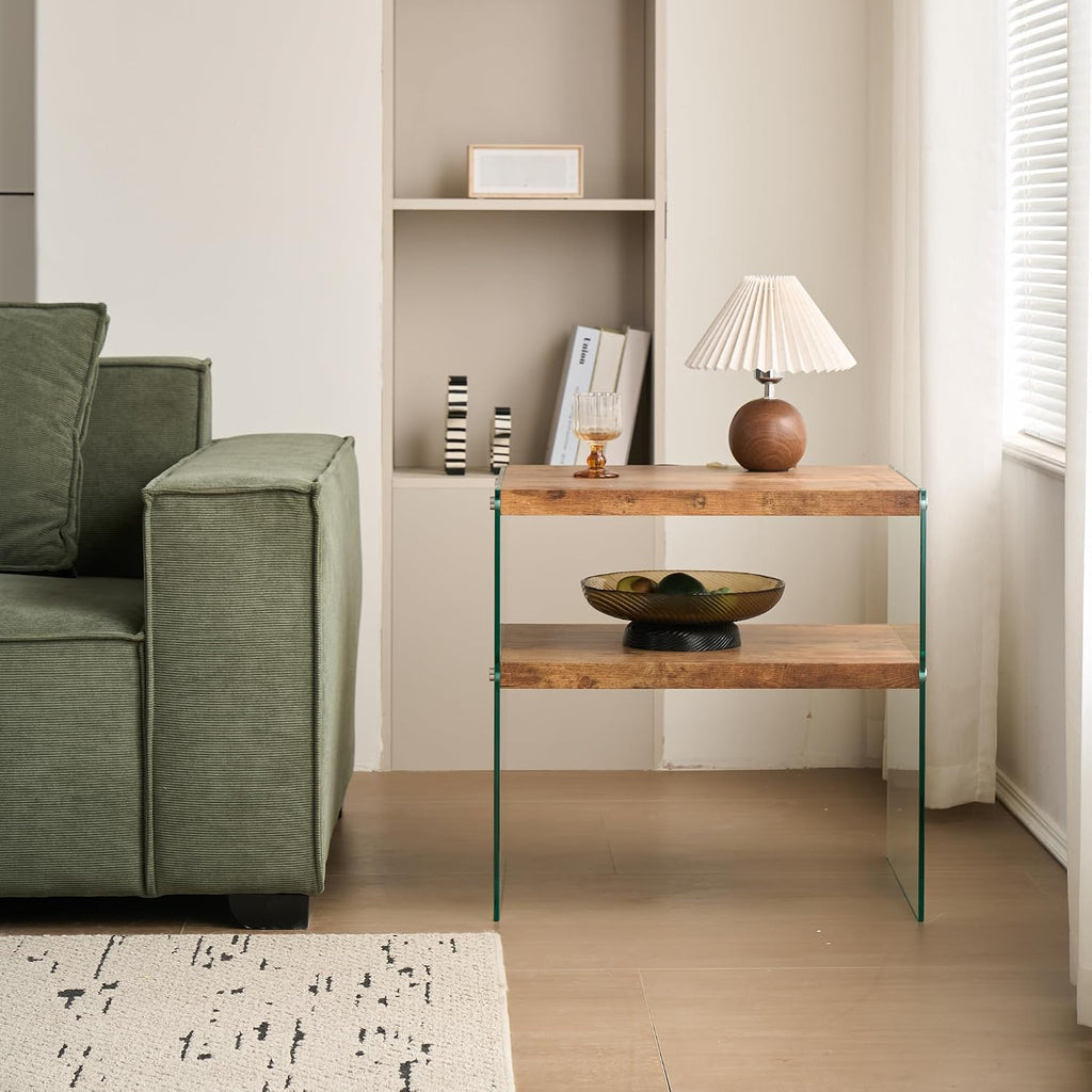 Glass Side Table Modern Design: Two-Tier Walnut MDF Frame & Tempered Glass Surface - Waterproof Durable End Table for Small Apartments & Boutique Accommodations Living Room Bedside Use