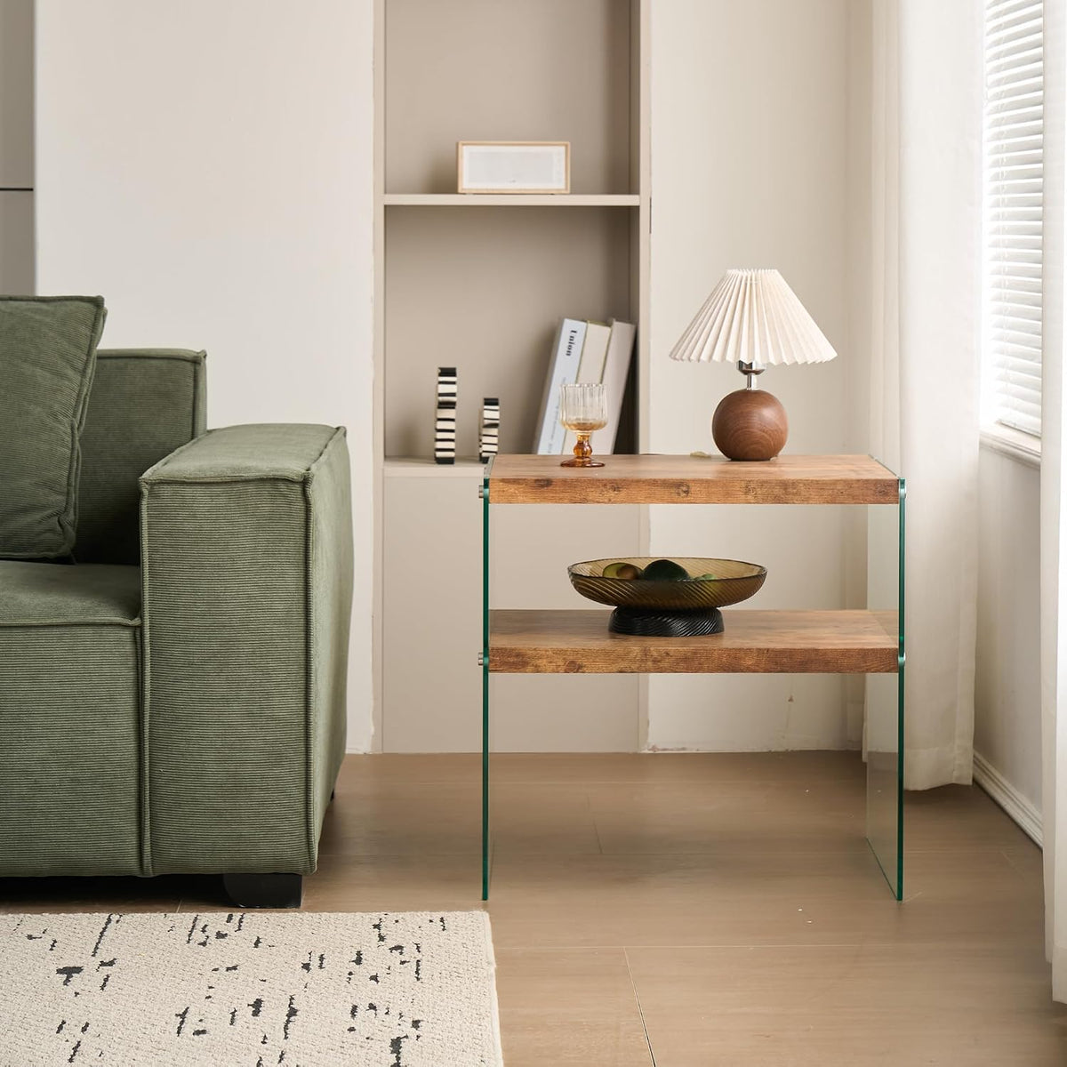 Glass Side Table Modern Design: Two-Tier Walnut MDF Frame & Tempered Glass Surface - Waterproof Durable End Table for Small Apartments & Boutique Accommodations Living Room Bedside Use