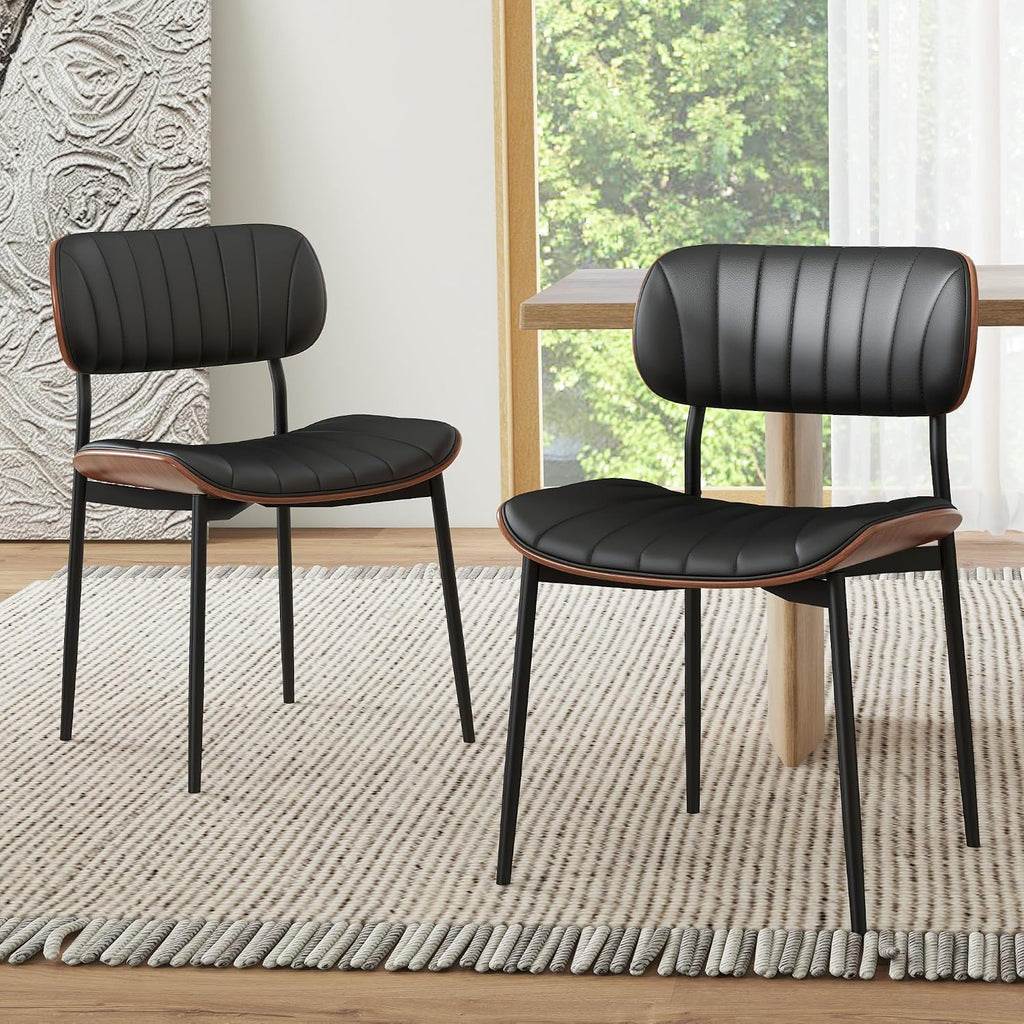 HENGJIANYI Bentwood Dining Chairs Set of 2, Modern PU Leather Dining Room Chairs with Metal Legs, Mid Century Upholstered Kitchen Chairs with Curved Back and Seat, Black