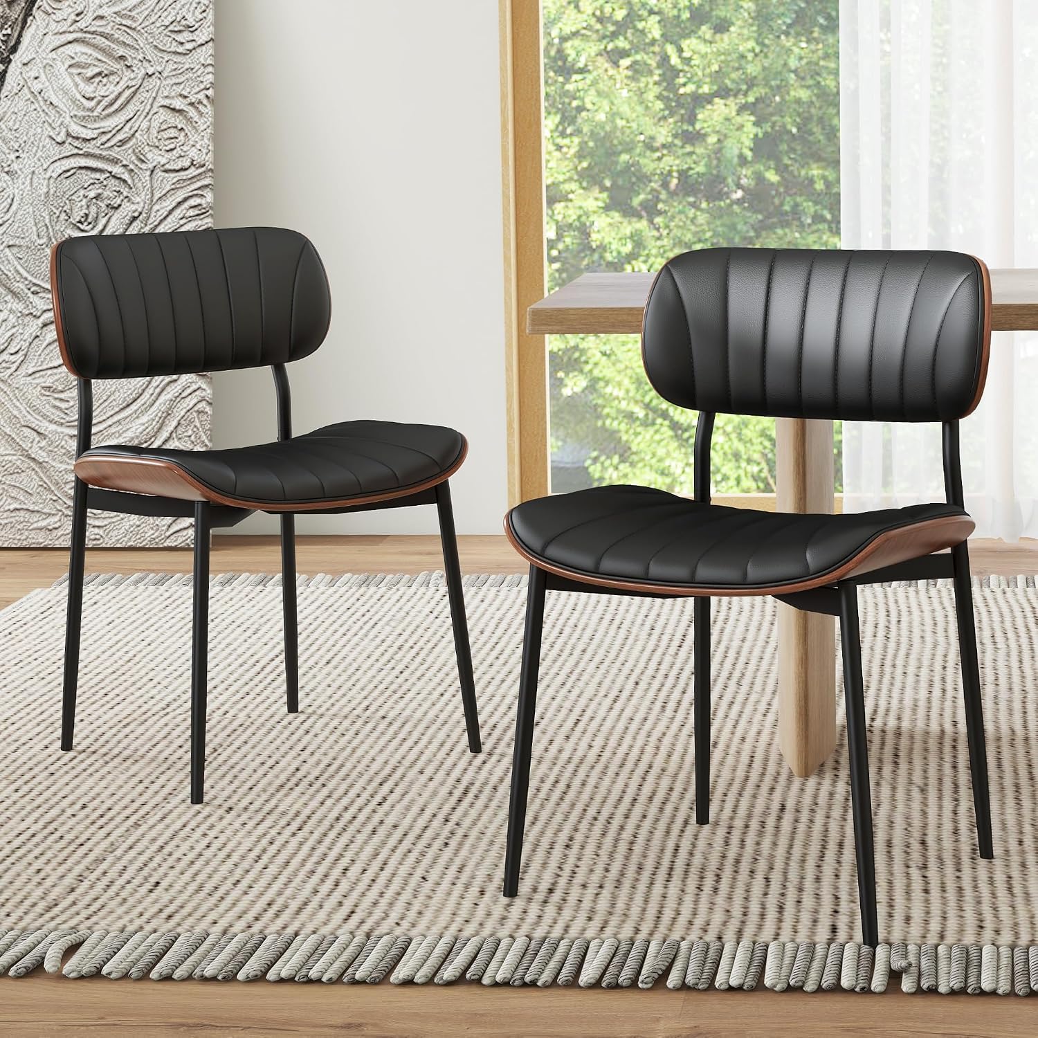 HENGJIANYI Bentwood Dining Chairs Set of 2, Modern PU Leather Dining Room Chairs with Metal Legs, Mid Century Upholstered Kitchen Chairs with Curved Back and Seat, Black