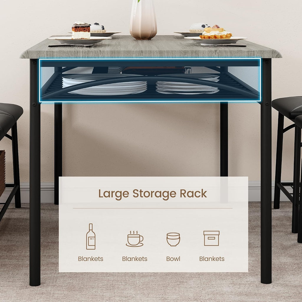 GAOMON Dining Table with Benches, Kitchen Table Set for 4, Dining Room Table Set with Upholstered Bench and Square Stools, Metal and Wood Dining Table Set for 4 with Storage for Small Space-Grey