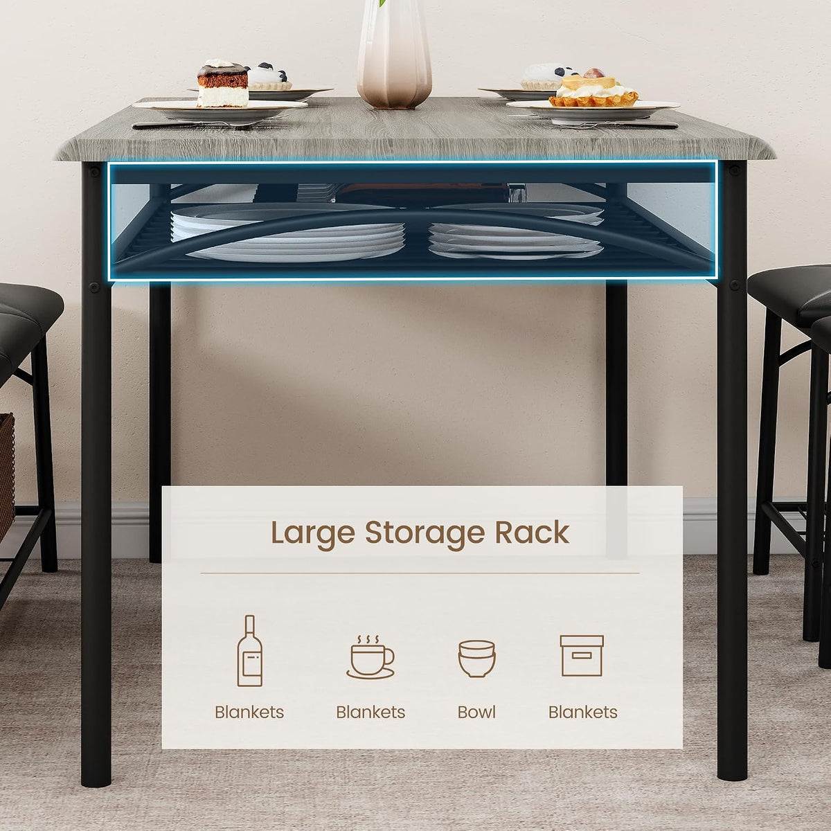 GAOMON Dining Table with Benches, Kitchen Table Set for 4, Dining Room Table Set with Upholstered Bench and Square Stools, Metal and Wood Dining Table Set for 4 with Storage for Small Space-Grey