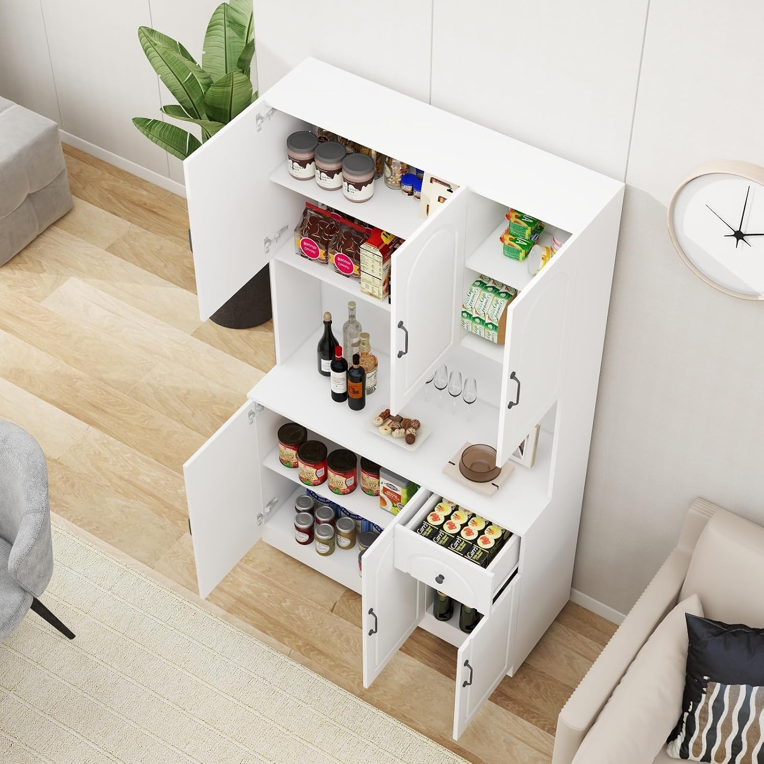 White 71" Kitchen Pantry Storage Cabinet, Freestanding Floor Hutch Cabinet with 6 Doors 1 Drawer, Storage Organizer for Kitchen Living Dining Room Food Cutlery Small Appliances
