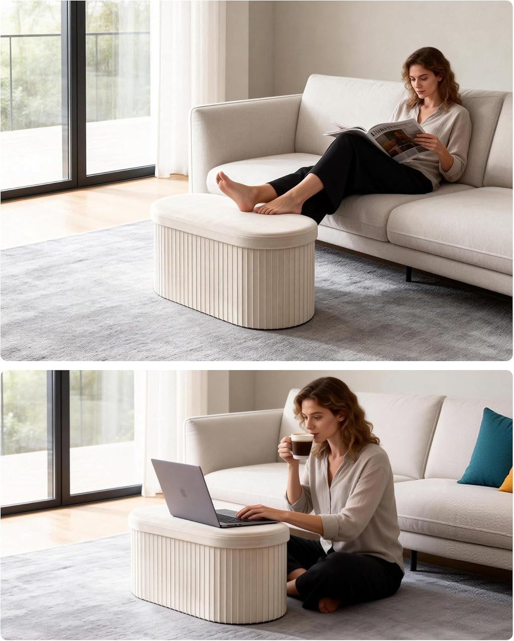 GLAXYFUR Oval Folding Storage Ottoman, Velvet Upholstered Foot Rest, 30 x 15 x 15 Inches Storage Bench for Bedroom, Living Room & Entryway, Beige