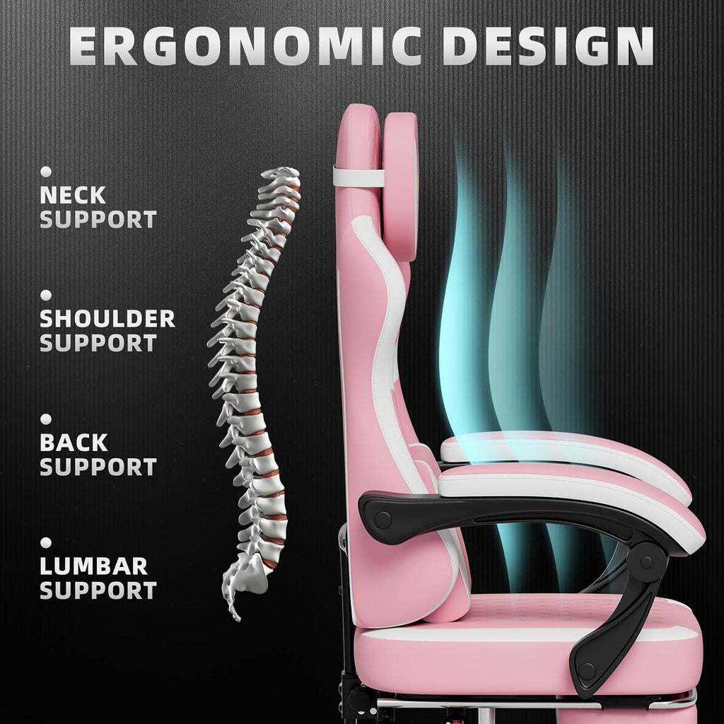 Ergonomic Gaming Chair with Footrest & Massage Lumbar Pillow, Height Adjustable 360° Swivel Computer Chair, Linked Armrest & Headrest for Office Gaming (Pink White)