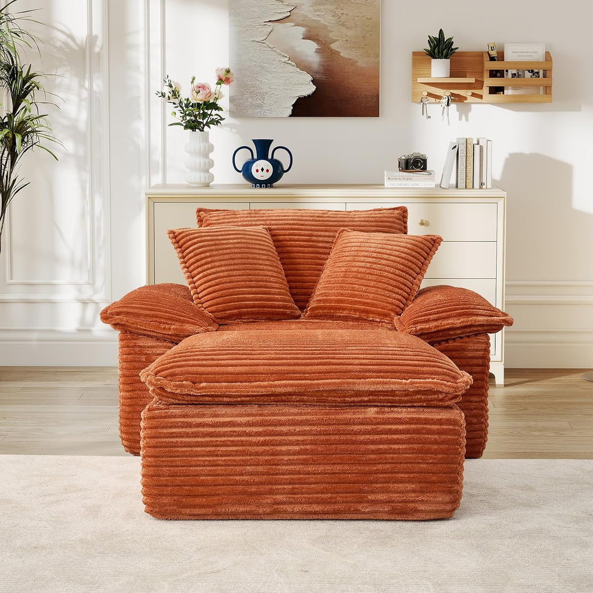 Oversized Chaise Lounge Chair Indoor with Ottoman, Upholstered Corduroy Modern Sofa Chair, Deep Seat Comfy Reading Armchair, Sleeper Sectional Couch for Living Room/Bedroom(47.6"W, Orange)