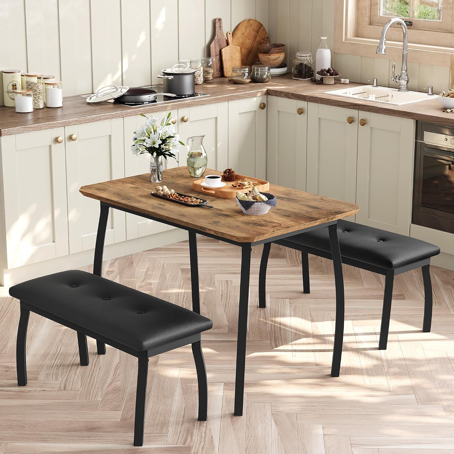 Dining Table Set for 4, 3-Piece Wooden Kitchen Table with 2 Upholstered Benches, Space-Saving Dinette Set for Restaurant, Studio, Dining Room, Home Kitchen(43''x28''x30''), Retro