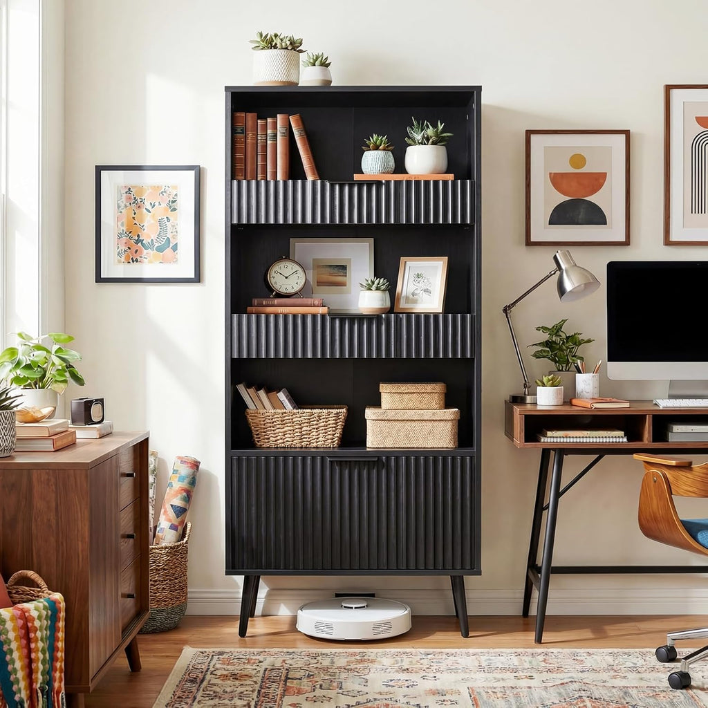 Bathroom Storage Cabinet Set of 2, 47.2" Wide 5-Tier Freestanding Pantry Cabinet with 6 Extra-Large Drawers & 2 Open Shelves, Fluted Floor Organizer Cupboard for Kitchen, Living Room, Anti-Tip, Black
