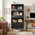 Bathroom Storage Cabinet Set of 2, 47.2" Wide 5-Tier Freestanding Pantry Cabinet with 6 Extra-Large Drawers & 2 Open Shelves, Fluted Floor Organizer Cupboard for Kitchen, Living Room, Anti-Tip, Black