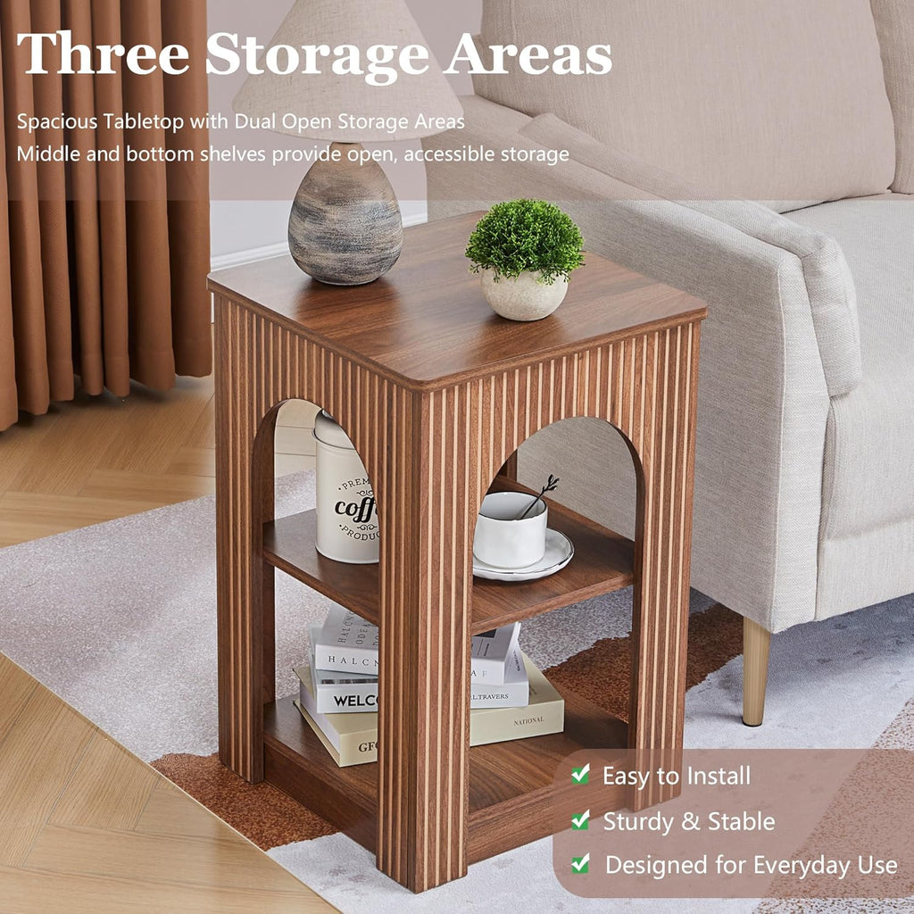 weselon End Table Set of 2, Mid-Century Modern Side Table with 3-Tier Storage Shelves and Arched Carving Lines, Square Fluted Nightstand for Living Room, Bedroom, or Office (2, Walnut)