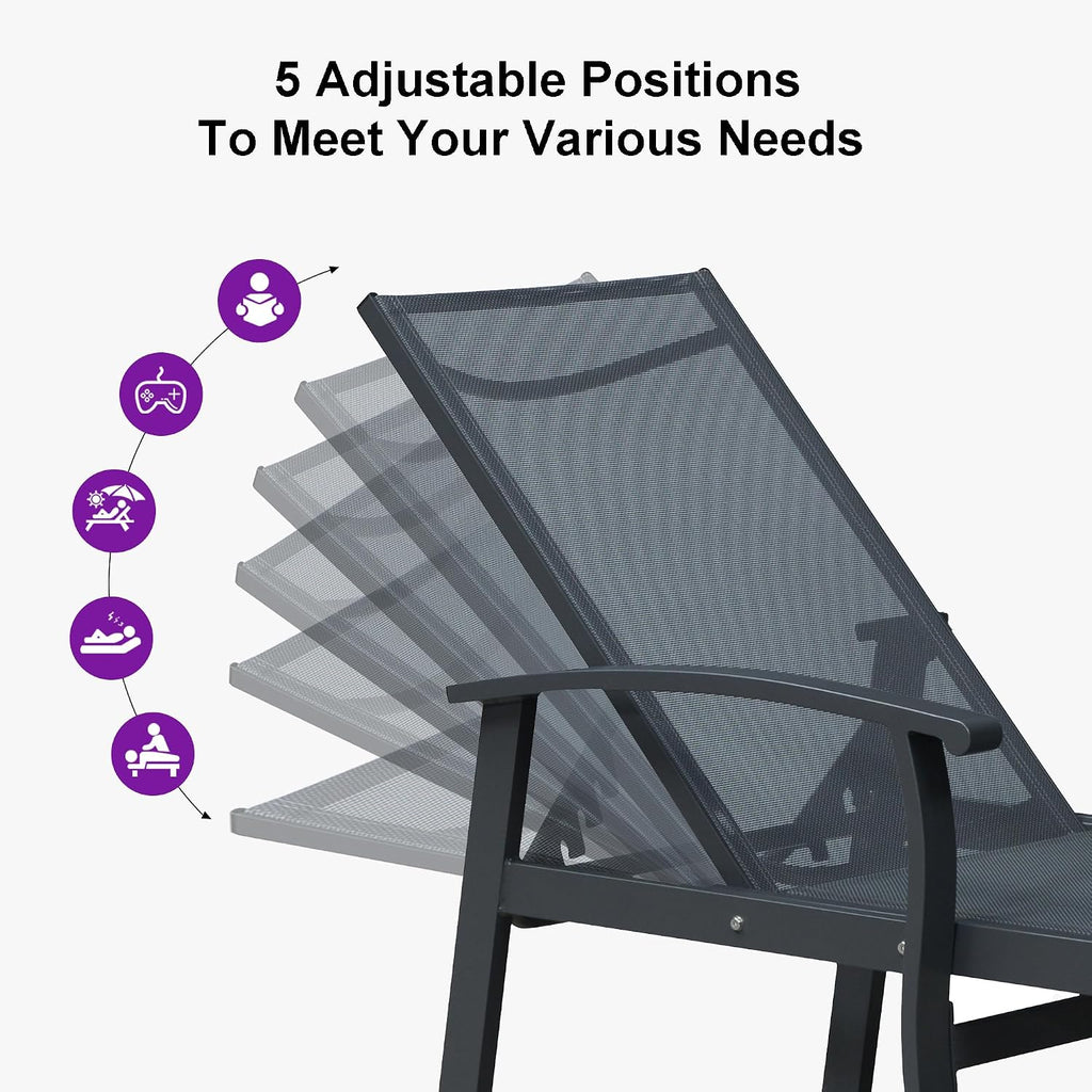 PURPLE LEAF Chaise Lounge Chair Outdoor 2 Pieces Pool Lounge Chairs 5 Adjustable Position with Armrests and Side Table, Aluminum Patio Lounge Chair for Outside, Backyard, Pool, Grey