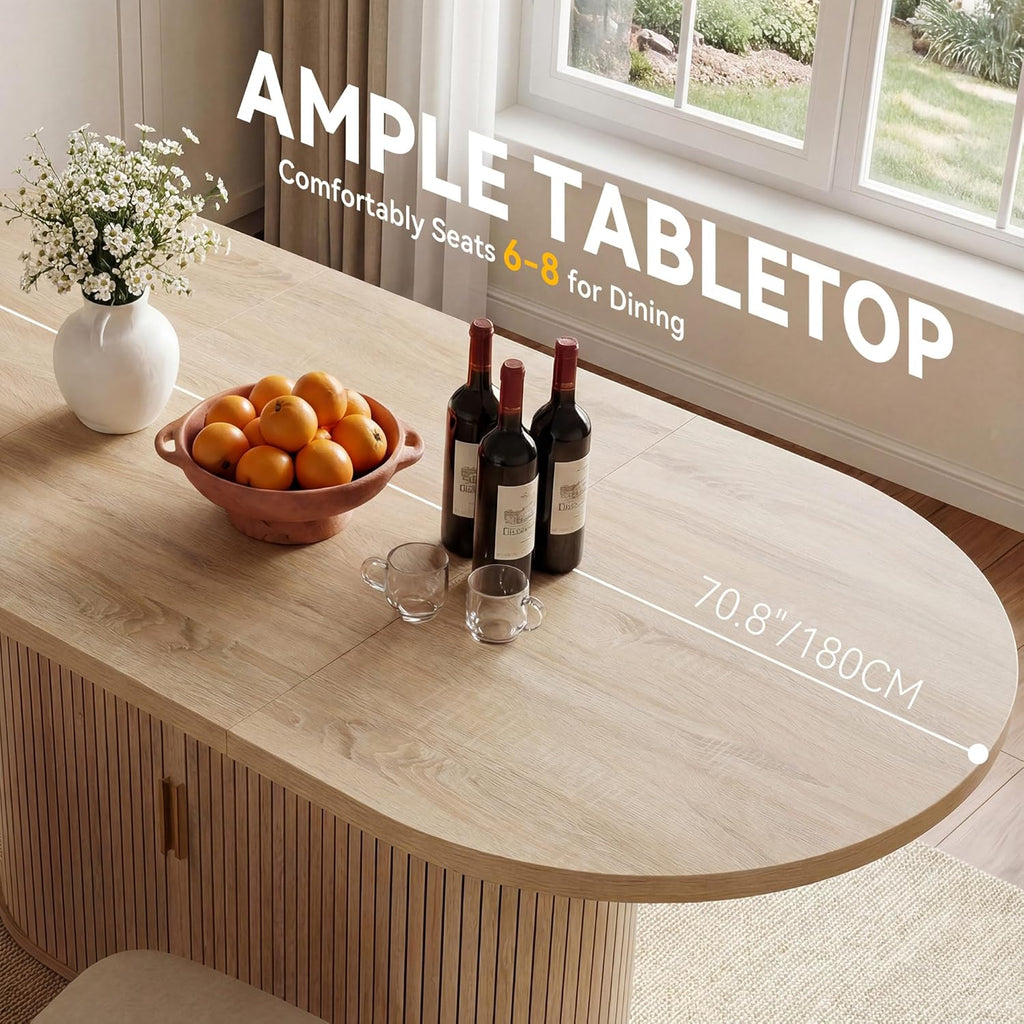DWVO 70.9" Oval Dining Table for 6-8, Modern T-Shaped Kitchen Table with Storage Shelves & Pedestal Base, Multi-Purpose Dinner & Office Table, Light Oak