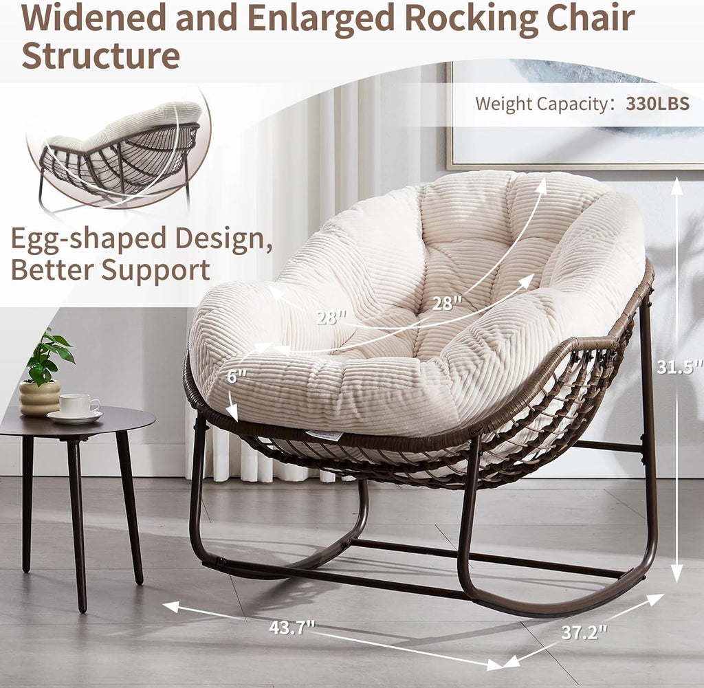 HOMEFUN Outdoor Patio Rocking Chairs, Oversized Papasan Rock Chair Indoor with Striped Velvet Padded Cushion - Rocker Egg Seat for Front Porch, Garden, Patio, Backyard White