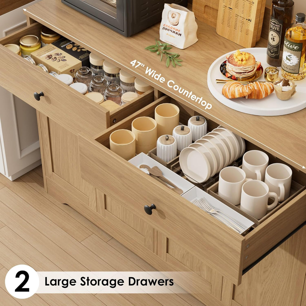 HIFIT 71" LED Kitchen Pantry Cabinet with Power Outlet, Large Kitchen Hutch Storage Cabinet with Arched Door & Shelves & 2 Drawers, Tall Modern Coffee Bar w/Hutch for Home Dining Living Room, Natural
