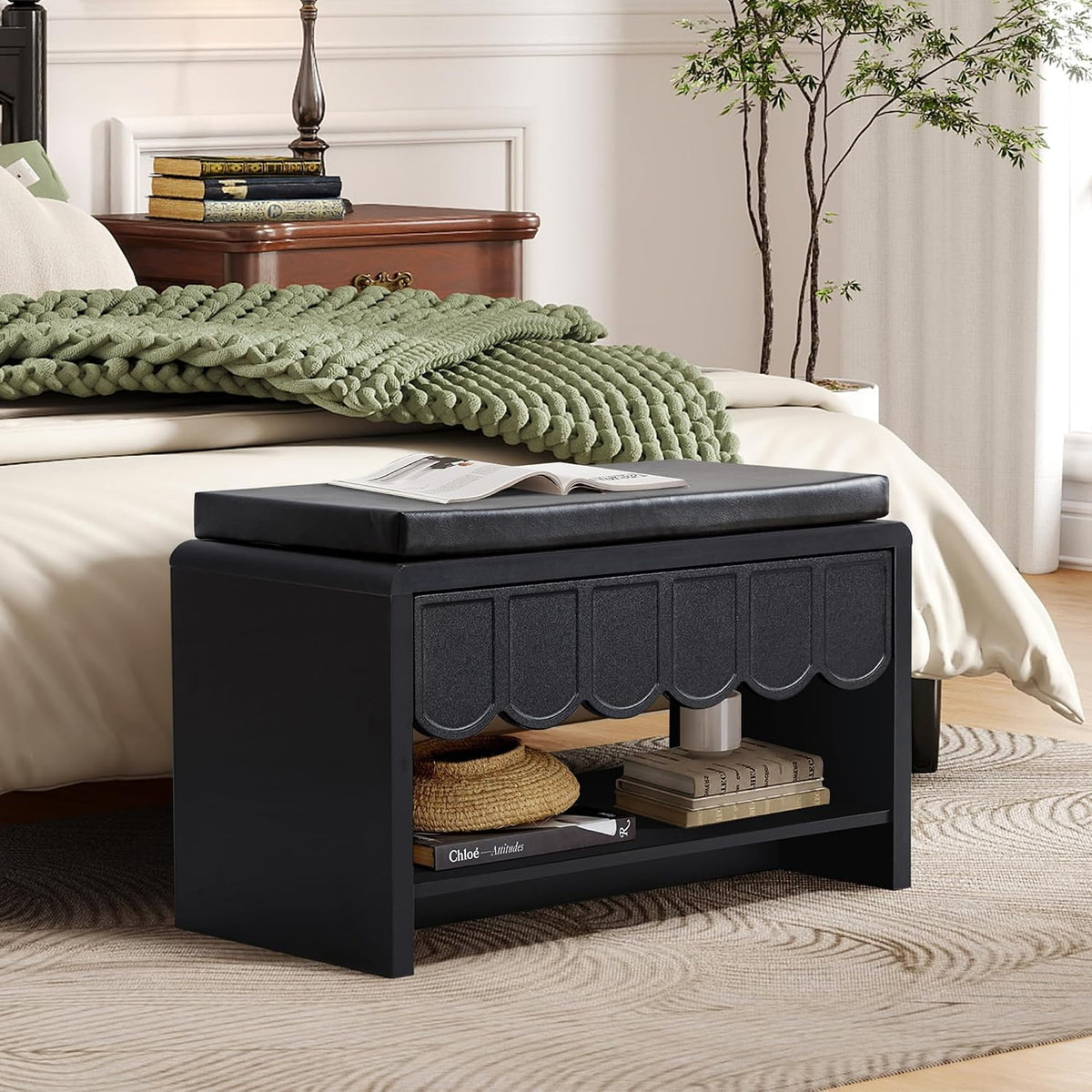 ORRD Shoe Storage Bench with Cushion, Shoe Rack Organizer Cabinet Bench with Wave Panel Drawer and Open Shelf for Entryway, Hallway, Living Room (Black)