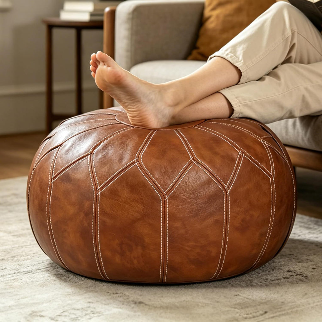 Thgonwid Round Unstuffed Pouf Cover, Faux Leather Storage Ottoman, Boho Moroccan Foot Stool, Multi-Purpose Home Decor for Living Room, Bedroom and Balcony, Brown, No Filling Included