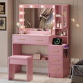 Makeup Vanity with Lights & Charging Station, Pink Vanity Table with 5 Drawers & Open Storage Shelves, Vanity Desk with Mirror & Lights, Dressing Table Set, Bedroom Makeup Table Set Gold Handle