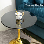 Luxury Round End Table Gold Metal Base 17.7inch Black Tempered Glass Top Modern Small Side Table Living Room Table Sofa Small Coffee Tables Cute Shape (Glod+Glass)