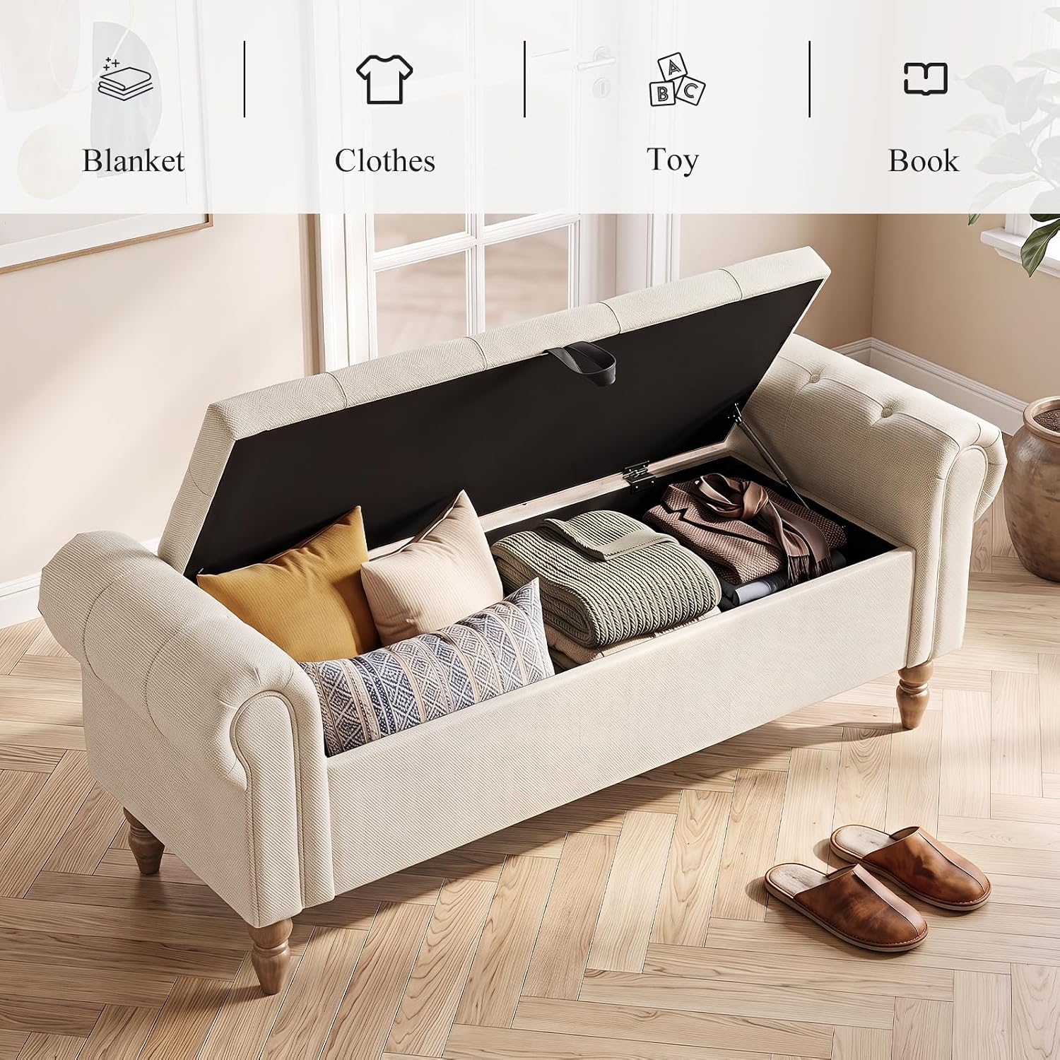 Furniliving 55” End of Bed Bench, Bedroom Bench with Button-Tufted, Large Upholstered Storage Ottoman Entryway Bench with Storage Shoe Cabinet Bench, for Bedroom, Linen, Beige