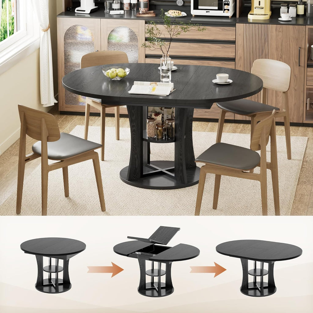 43.3''-59'' Extendable Round Dining Table for 4-8, Expandable Kitchen Table with Storage Shelf, Space Saving Circle Kitchen Table, Round Oval Dining Room Table for Living Room